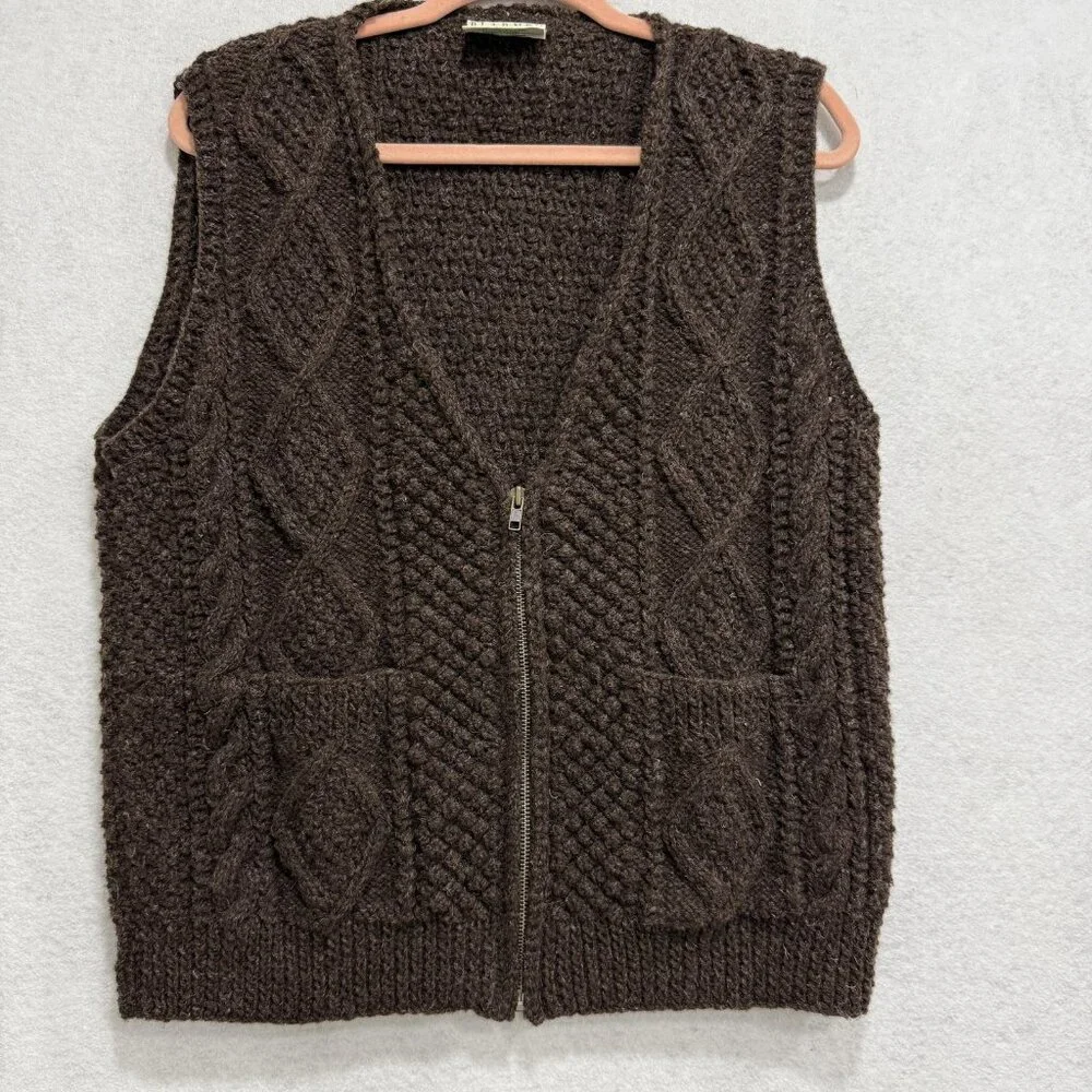Blarney Woollen Mills Sweater Vest Mens Large Brown Aran Handknit Cable Zip